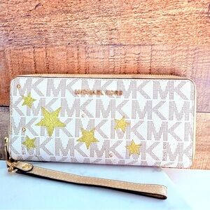 Micheal Kors Illustration Travel Continental Leather Printed Star Wallet Clutch